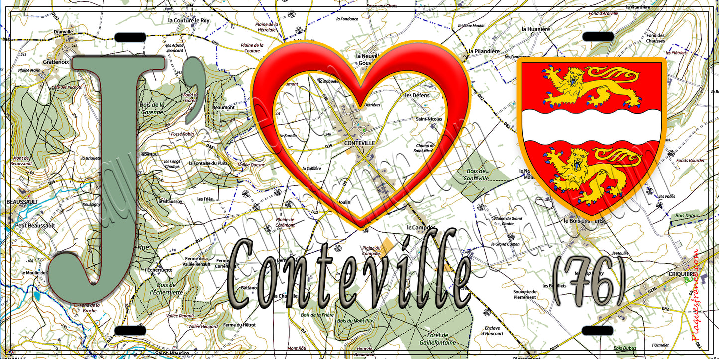 Plaque métal décorative 15X30 J' ❤️ Conteville, Seine Maritime (76) géo