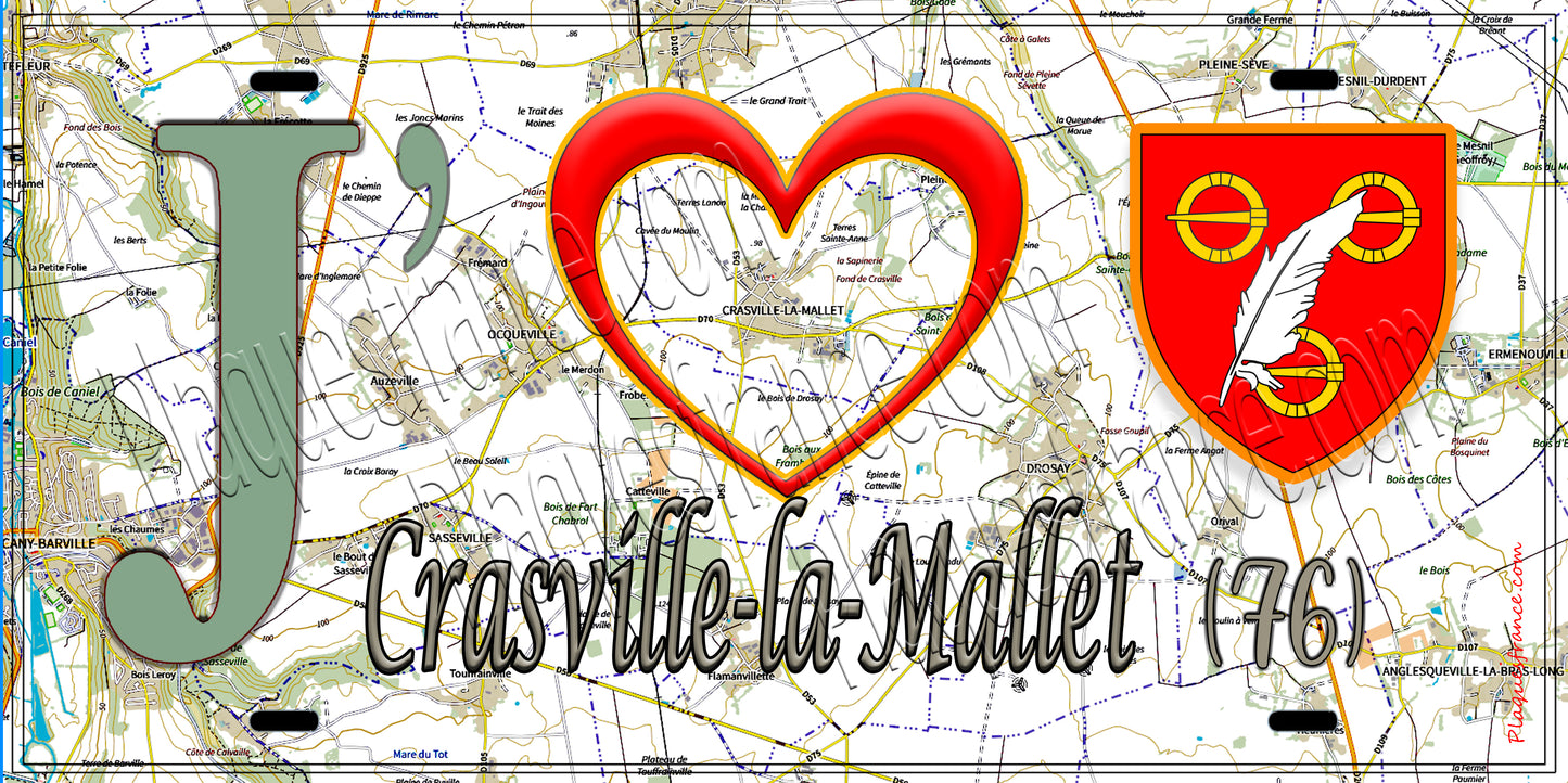 Plaque métal décorative 15X30 J' ❤️ Crasville-la-Mallet, Seine Maritime (76) géo