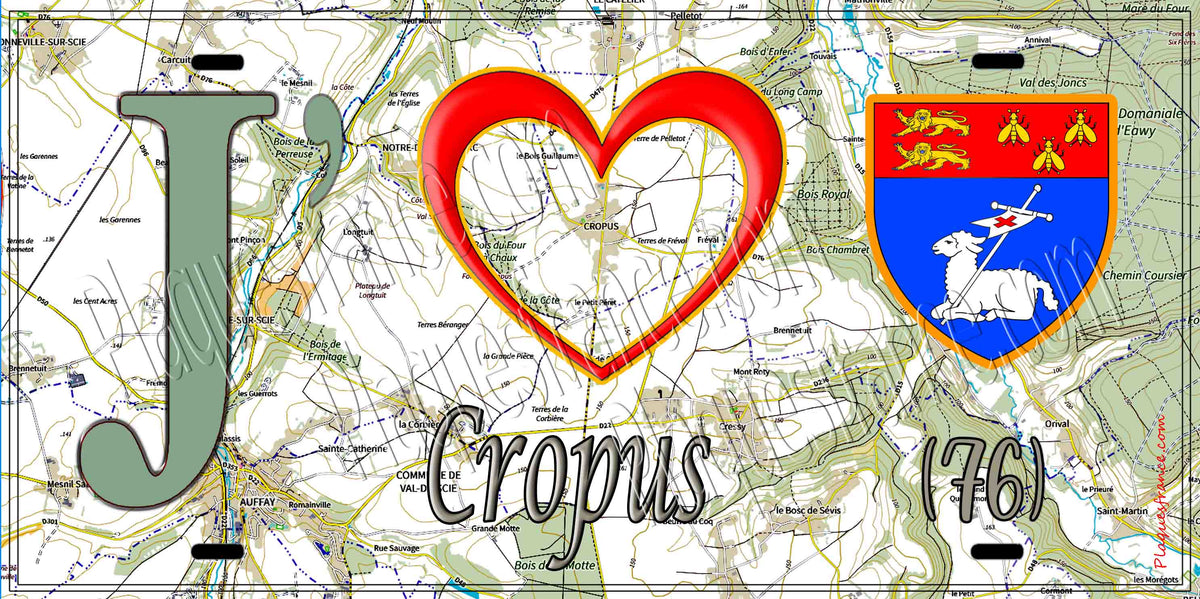 Plaque métal décorative 15X30 J' ❤️ Cropus, Seine Maritime (76) géo