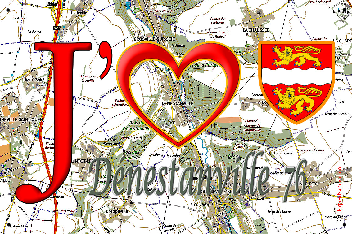 Plaque métal décorative 20 cm x 30 cm J' ❤️ Dénestanville, Seine Maritime (76)