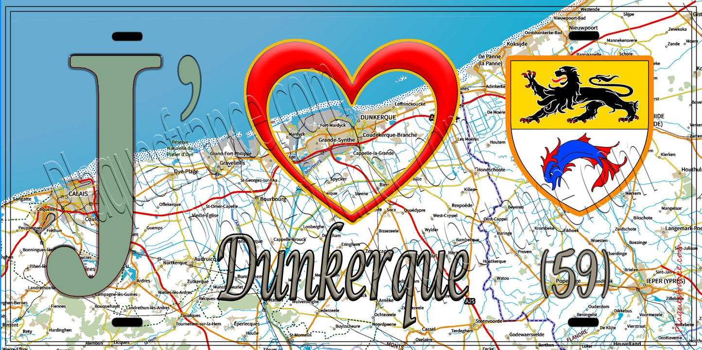 Plaque métal décorative 15X30 J' ❤️ Dunkerque, Nord (59)