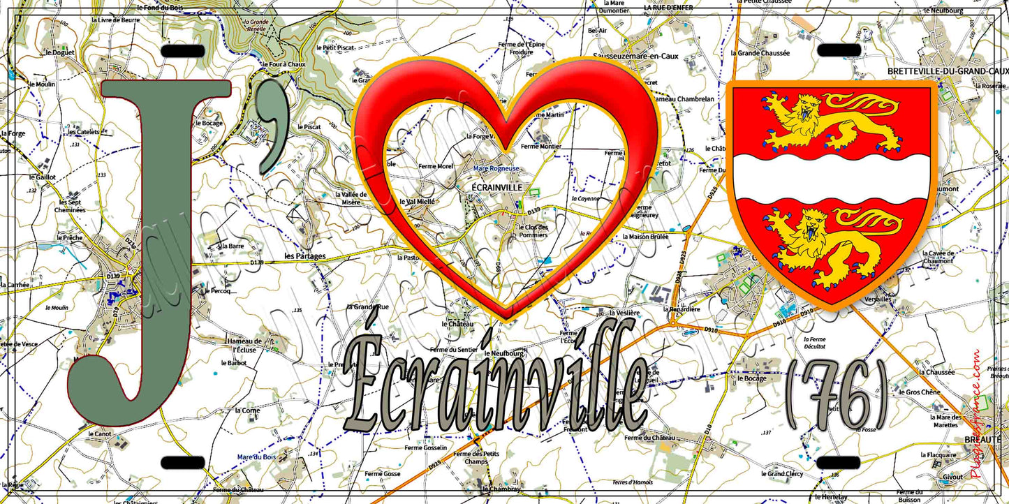 Plaque métal décorative 15X30 J' ❤️ Écrainville, Seine Maritime (76) géo