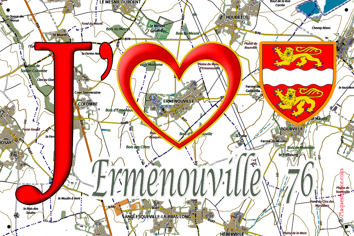 Plaque métal décorative 20 cm x 30 cm J' ❤️ Ermenouville, Seine Maritime (76)
