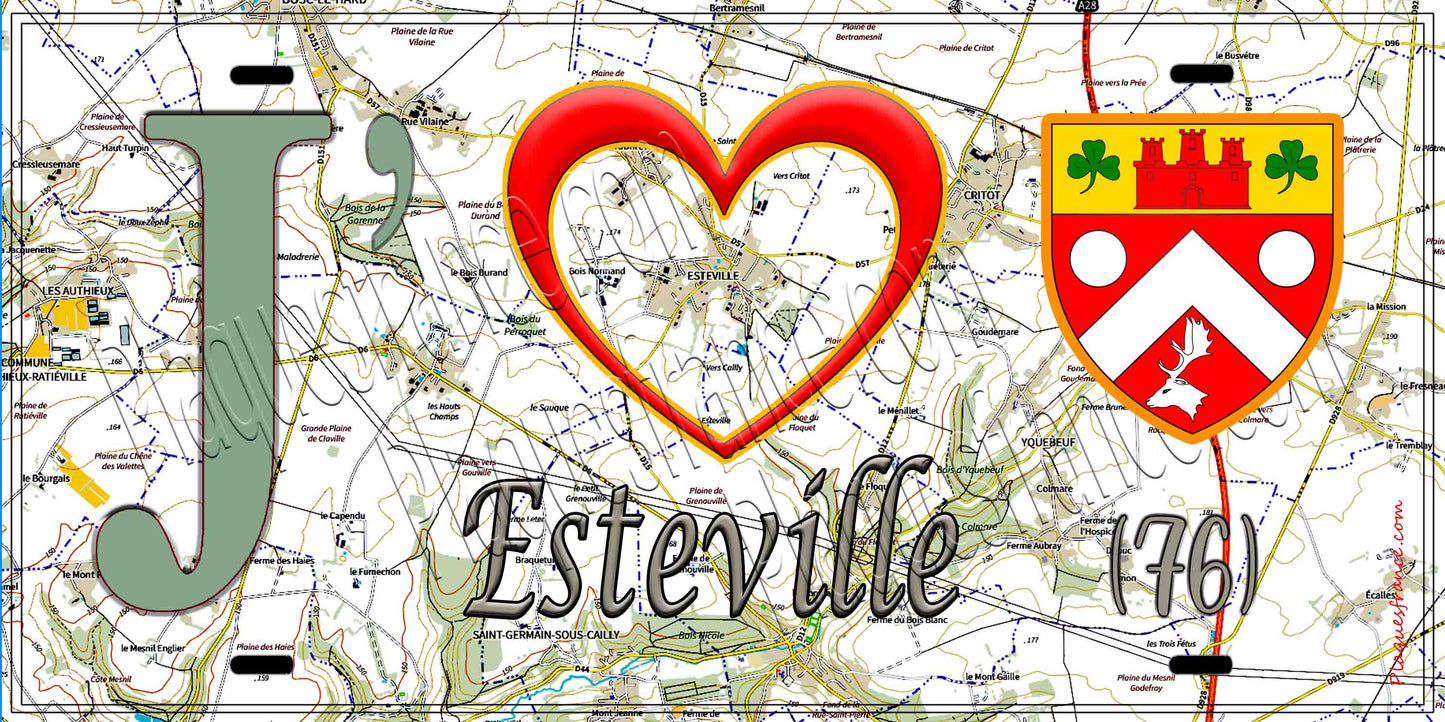 Plaque métal décorative 15X30 J' ❤️ Esteville, Seine Maritime (76) géo