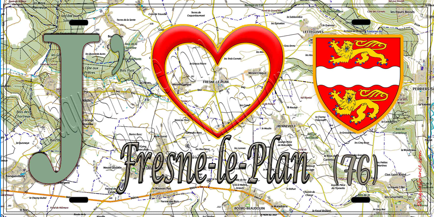 Plaque métal décorative 15X30 J' ❤️ Fresne-le-Plan, Seine Maritime (76) géo