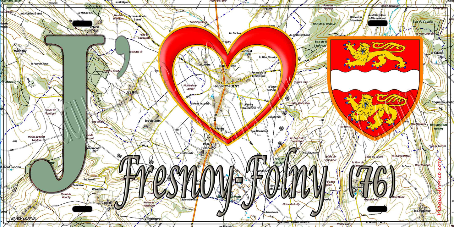 Plaque métal décorative 15X30 J' ❤️ Fresnoy-Folny, Seine Maritime (76) géo
