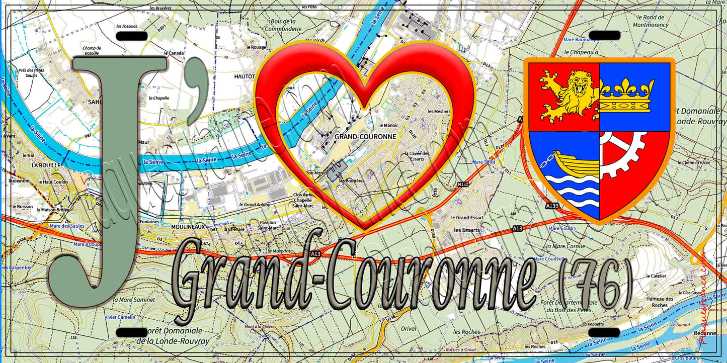 Plaque métal décorative 15X30 J' ❤️ Grand-Couronne, Seine Maritime (76) géo