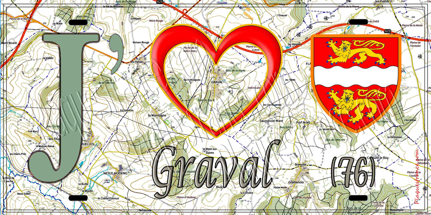 Plaque métal décorative 15X30 J' ❤️ Graval, Seine Maritime (76)
