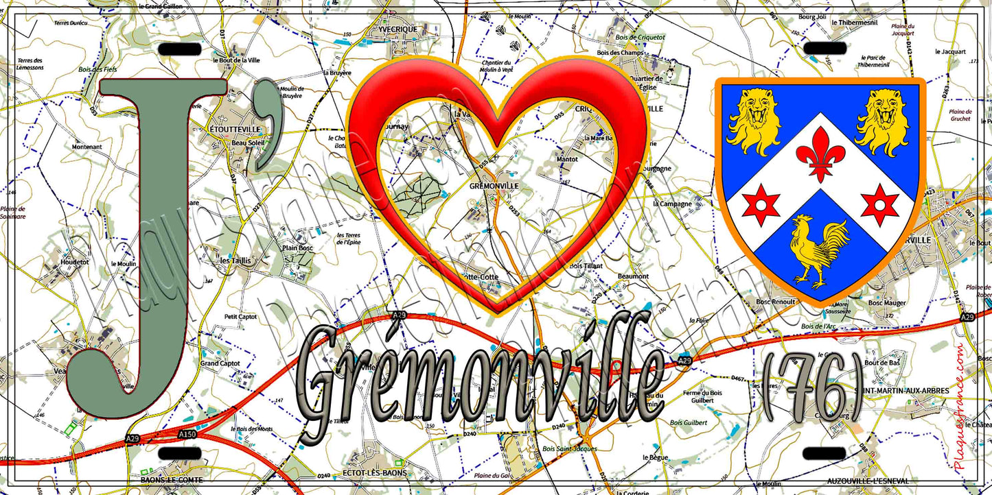 Plaque métal décorative 15X30 J' ❤️ Grémonville, Seine Maritime (76) géo
