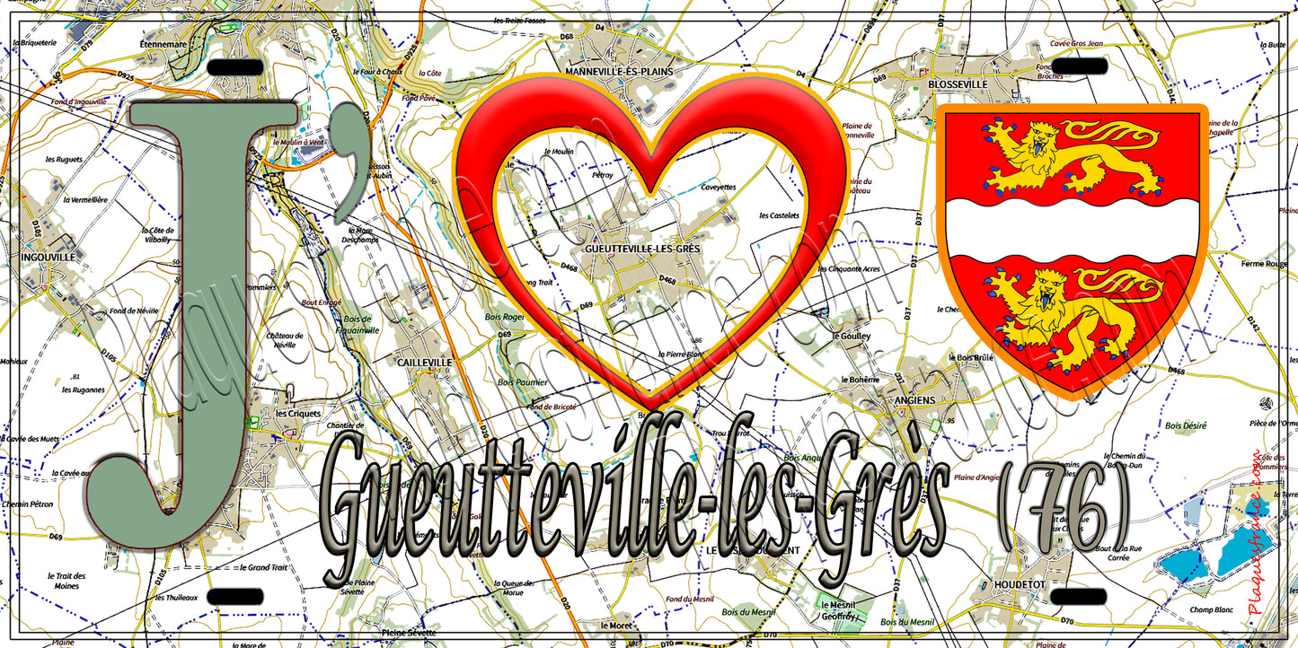 Plaque métal décorative 15X30 J' ❤️ Gueutteville-les-Grès, Seine Maritime (76) géo