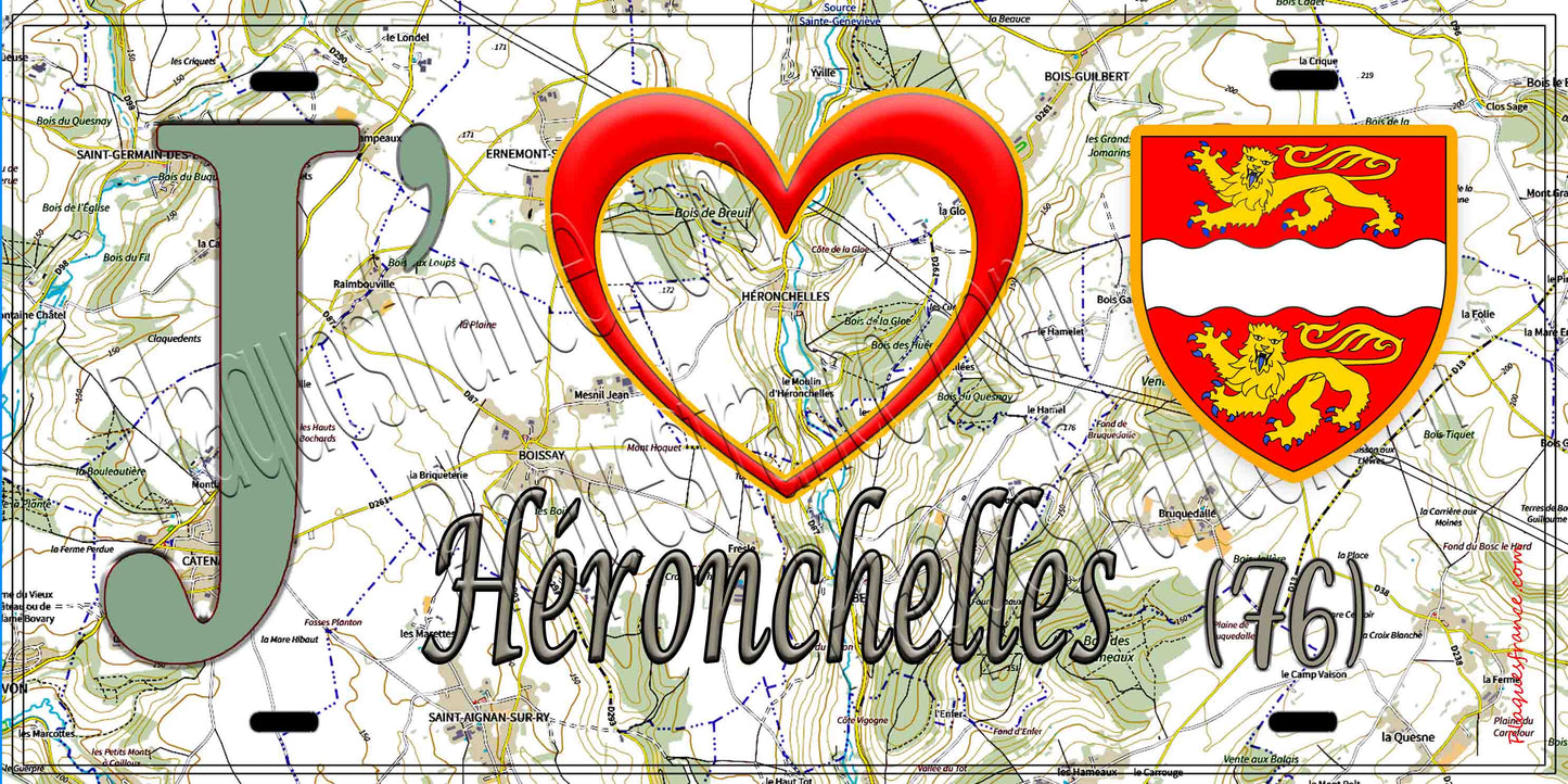 Plaque métal décorative 15X30 J' ❤️ Héronchelles, Seine Maritime (76)