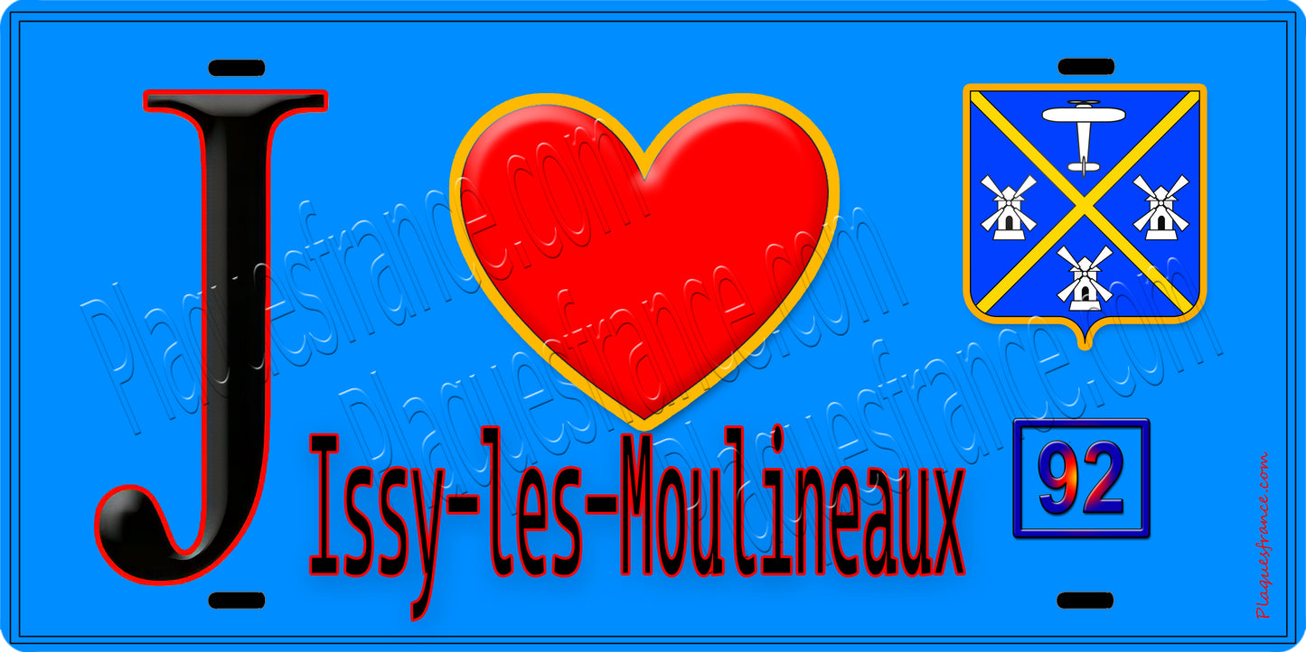 Plaque métal décorative J' ❤️ Issy-les-Moulineaux, Hauts de Seine (92) fond bleu