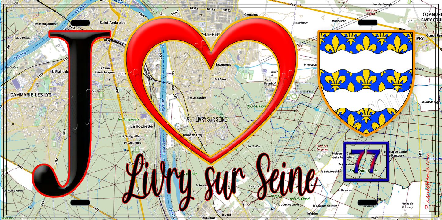 Plaque métal décorative J' ❤️Livry-sur-Seine, Seine et Marne (77) fond carte