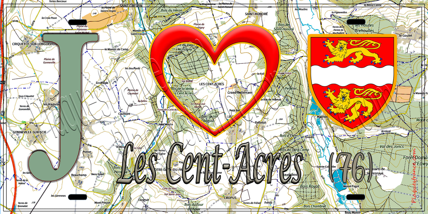 Plaque métal décorative 15x30 J' ❤️ Les Cent-Acres, Seine Maritime (76) géo