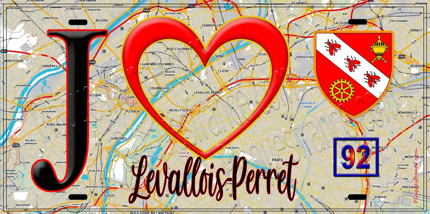 Plaque métal décorative J' ❤️ Levallois-Perret, Hauts de Seine (92) fond carte
