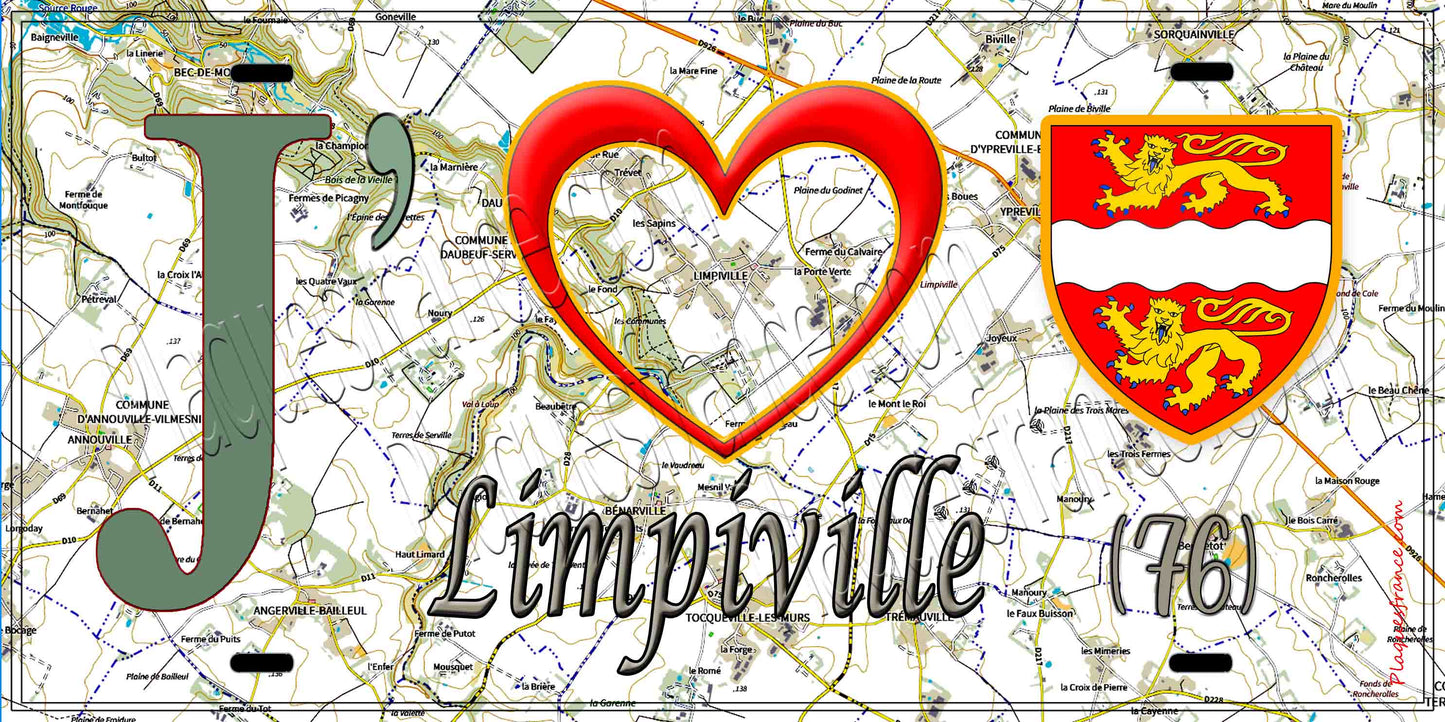 Plaque métal décorative 15X30 J' ❤️ Limpiville, Seine Maritime (76) géo