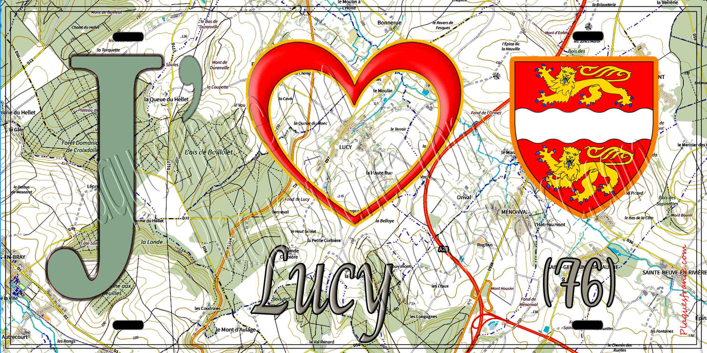 Plaque métal décorative 15X30 J' ❤️ Lucy, Seine Maritime (76) géo