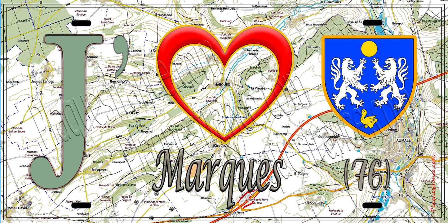 Plaque métal décorative 15X30 J' ❤️ Marques, Seine Maritime (76) géo