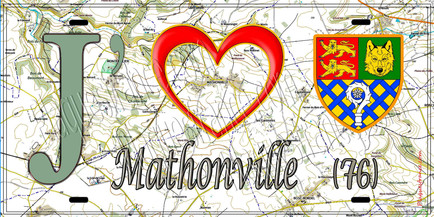 Plaque métal décorative 15X30 J' ❤️ Mathonville, Seine Maritime (76) géo