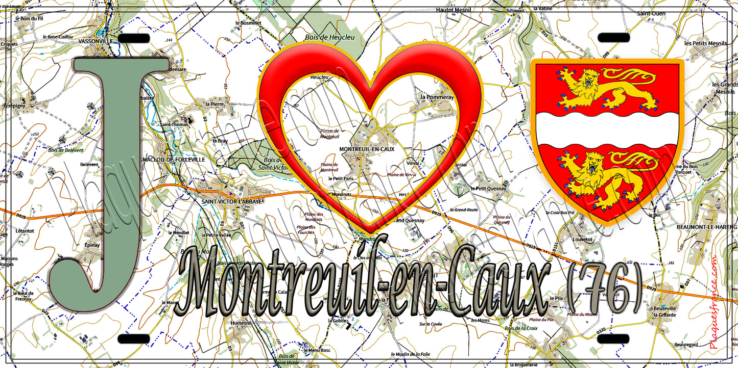 Plaque métal décorative 15x30 J' ❤️ Montreuil-en-Caux, Seine Maritime (76) géo