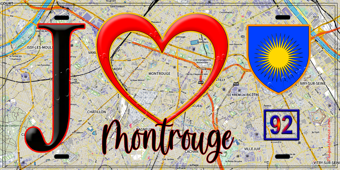 Plaque métal décorative J' ❤️ Montrouge, Hauts de Seine (92) fond carte
