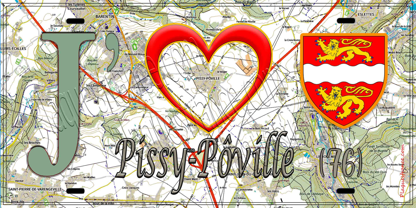 Plaque métal décorative 15X30 J' ❤️ Pissy-Pôville, Seine Maritime (76) géo