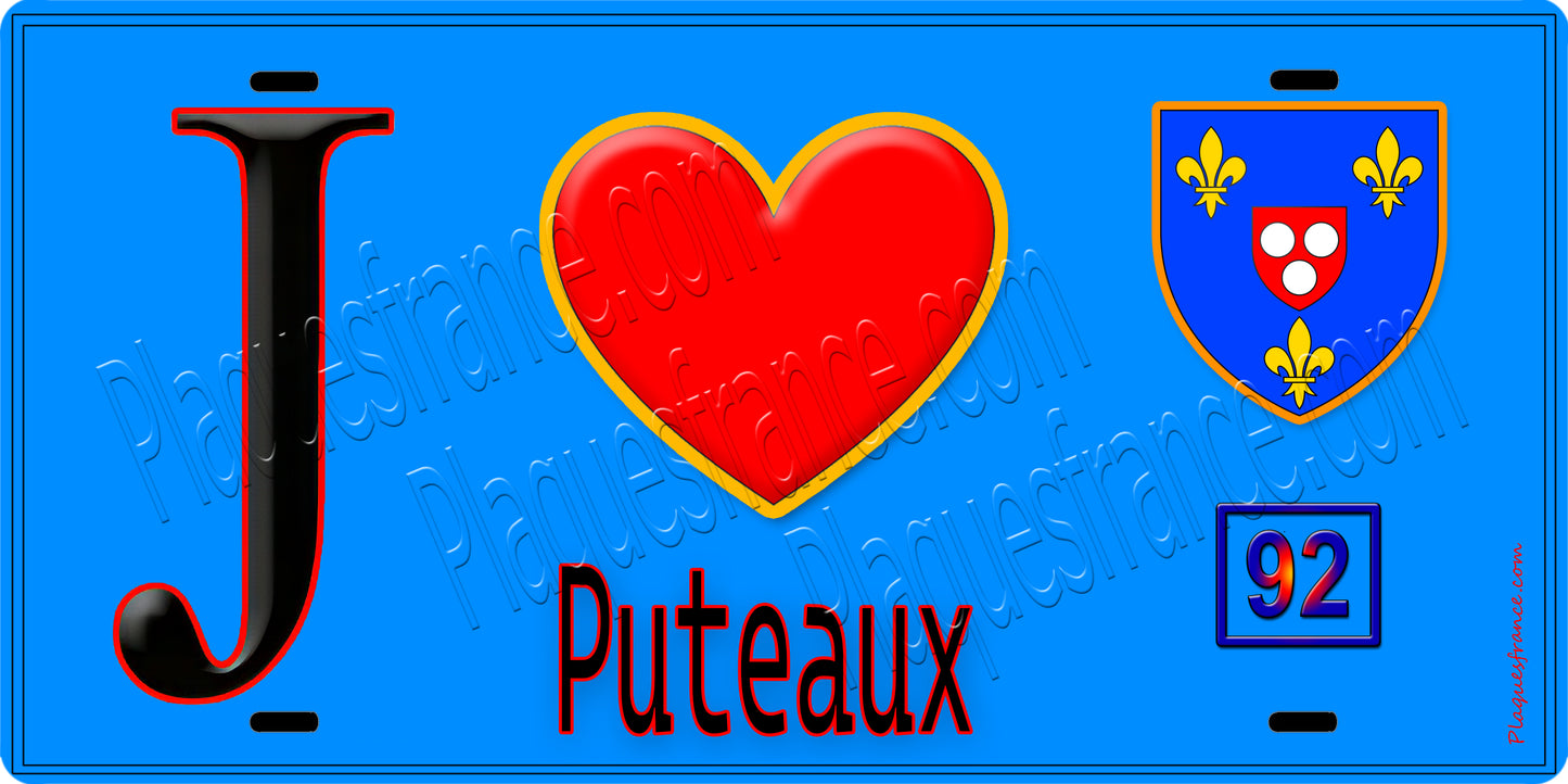 Plaque métal décorative J' ❤️ Puteaux, Hauts de Seine (92) fond bleu