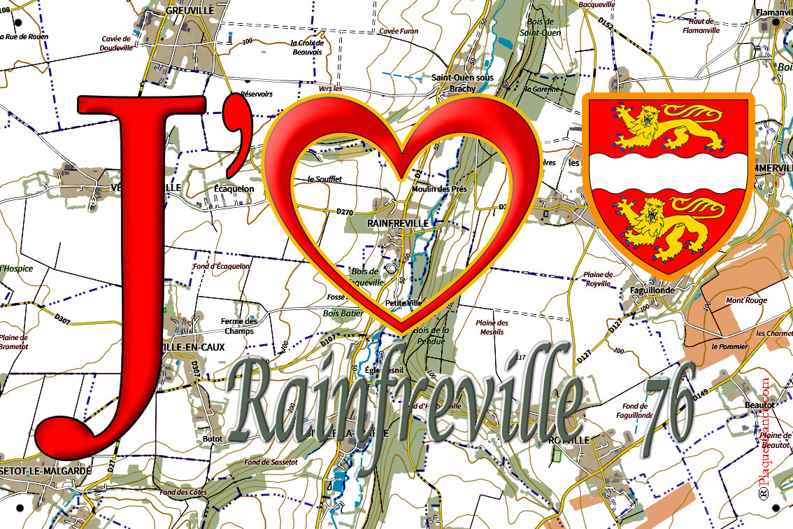 Plaque métal décorative 20 cm x 30 cm J' ❤️ Rainfreville, Seine Maritime (76)
