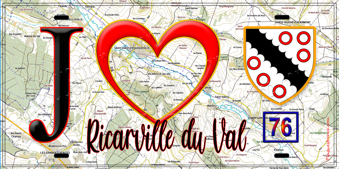 Plaque métal décorative J' ❤️ Ricarville-du-Val, Seine Maritime (76)
