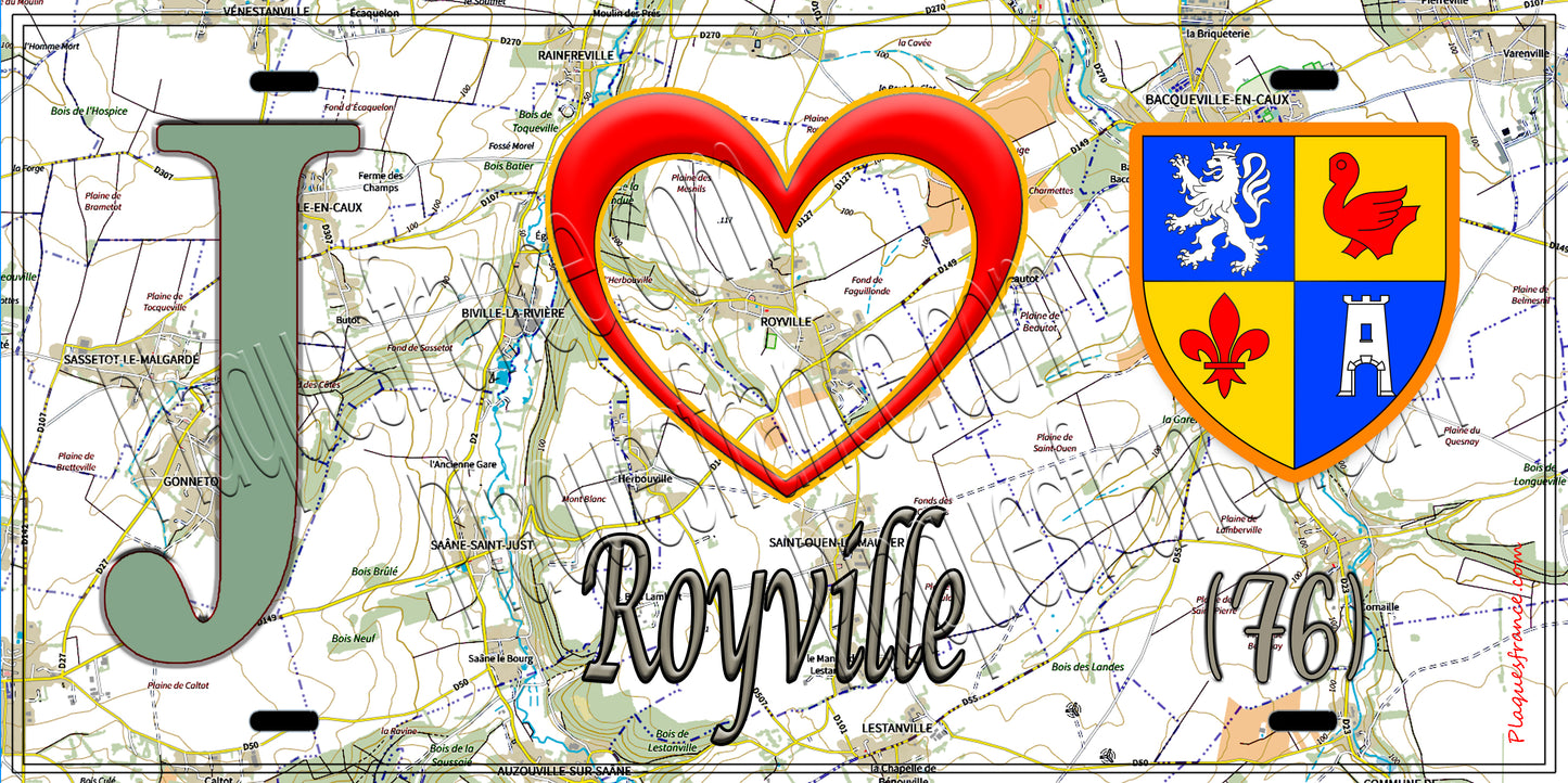 Plaque métal décorative 15x30 J' ❤️ Royville, Seine Maritime (76) géo