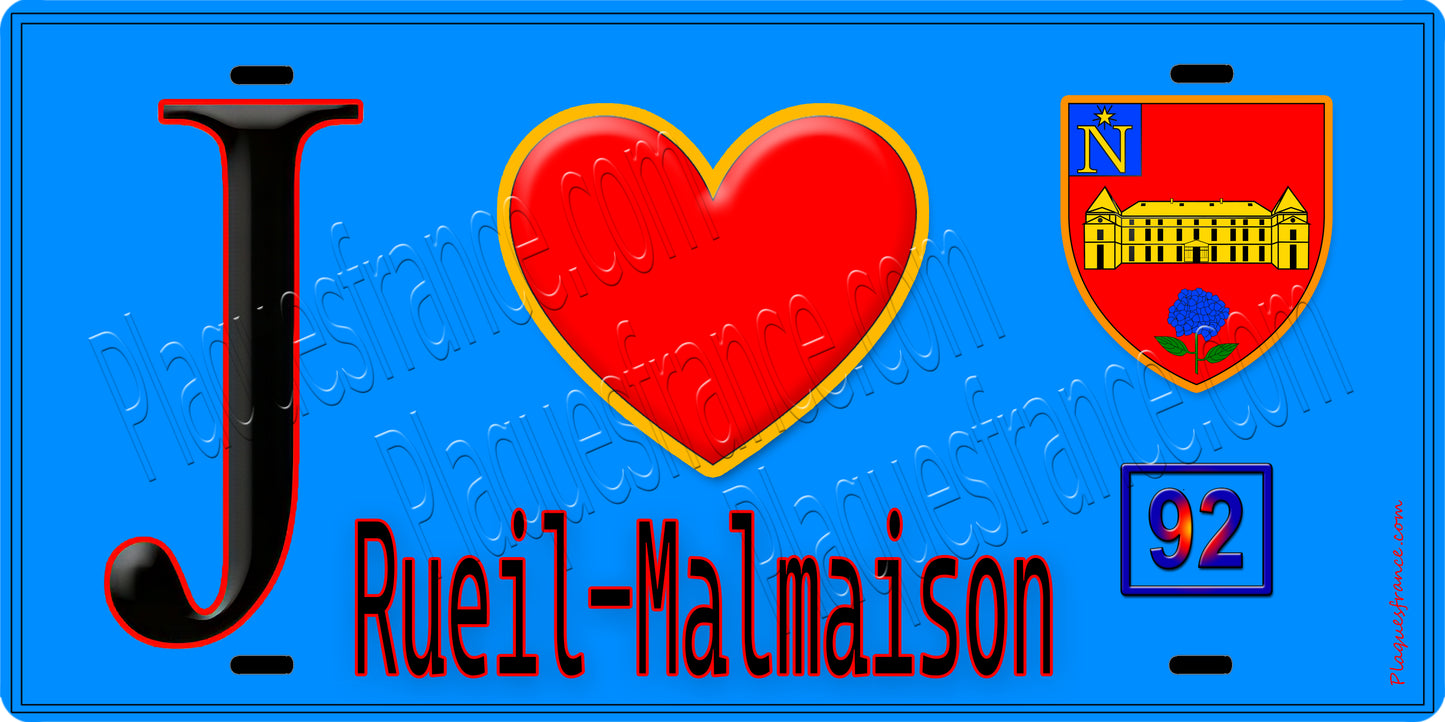 Plaque métal décorative J' ❤️ Rueil-Malmaison, Hauts de Seine (92) fond bleu
