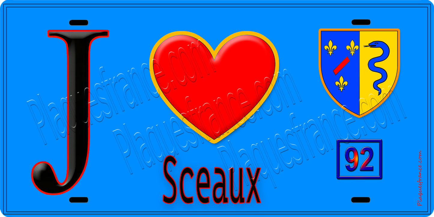 Plaque métal décorative J' ❤️ Sceaux, Hauts de Seine (92) fond bleu