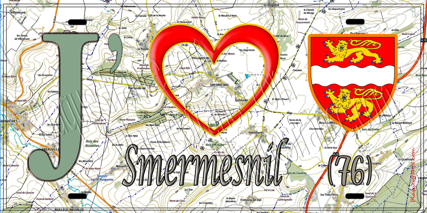 Plaque métal décorative 15X30 J' ❤️ Smermesnil, Seine Maritime (76) géo