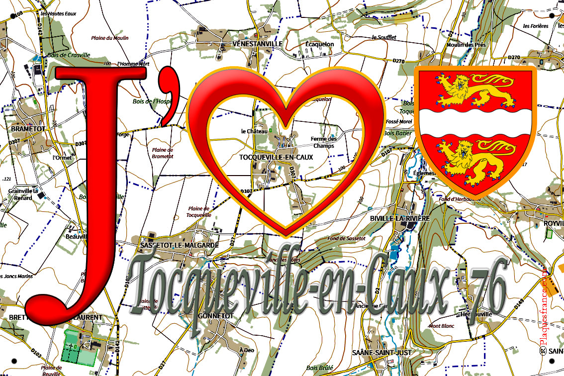 Plaque métal décorative 20 cm x 30 cm J' ❤️ Tocqueville-en-Caux, Seine Maritime (76)