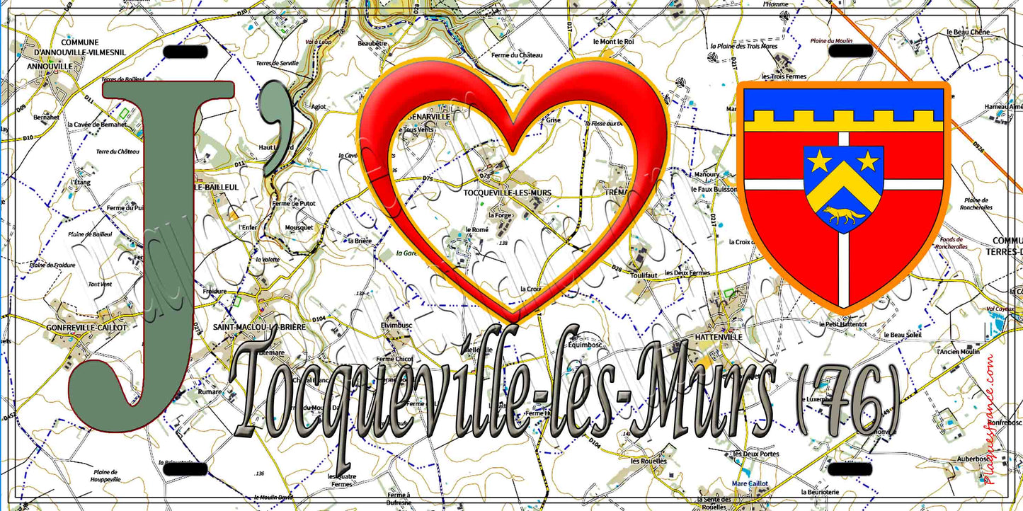Plaque métal décorative 15X30 J' ❤️ Tocqueville-les-Murs, Seine Maritime (76) geo
