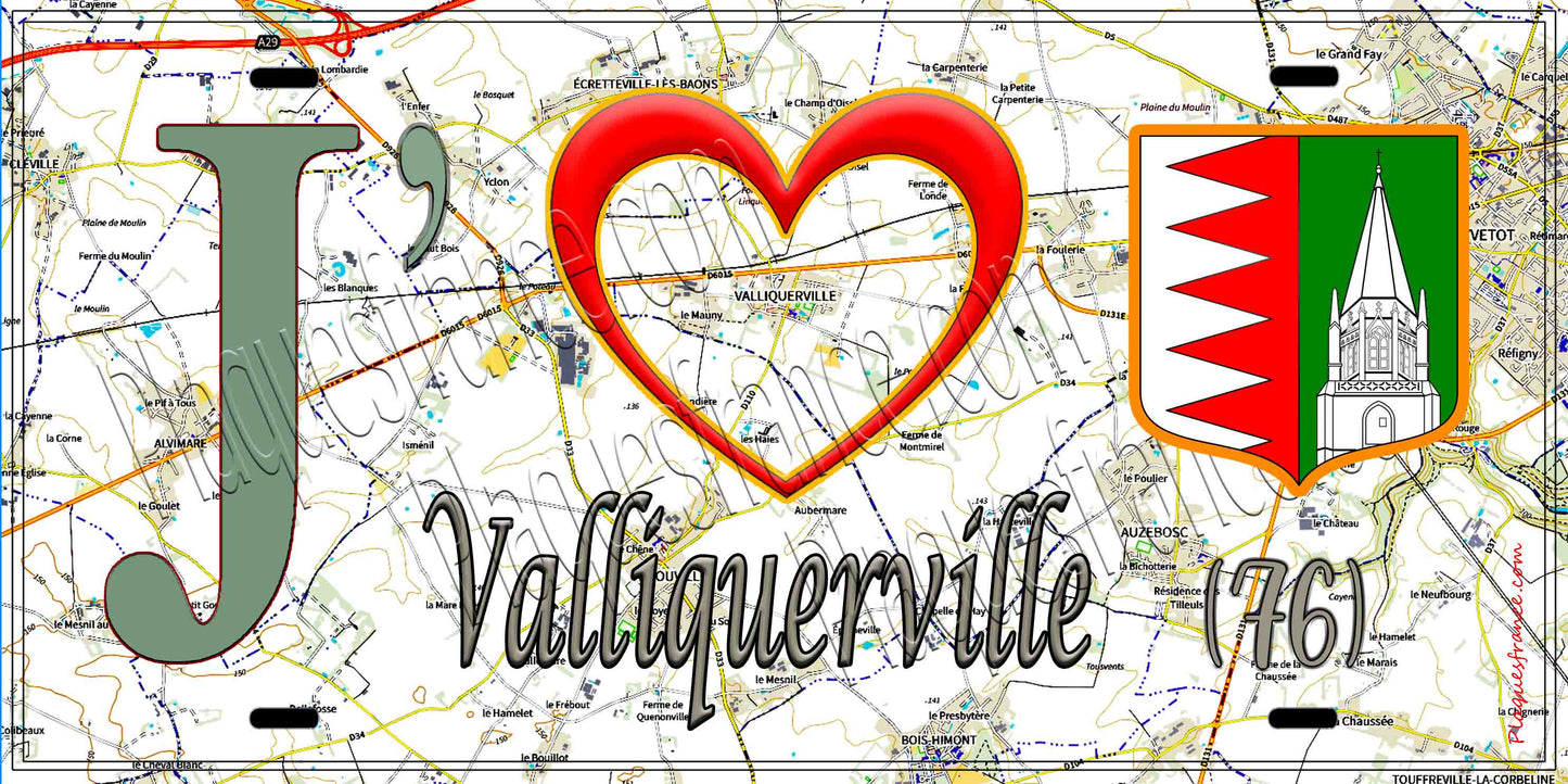 Plaque métal décorative 15X30 J' ❤️ Valliquerville , Seine Maritime (76) geo