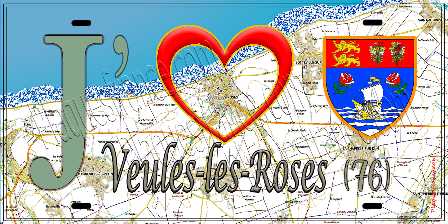 Plaque métal décorative 15X30 J' ❤️ Veules-les-Roses, Seine Maritime (76) géo