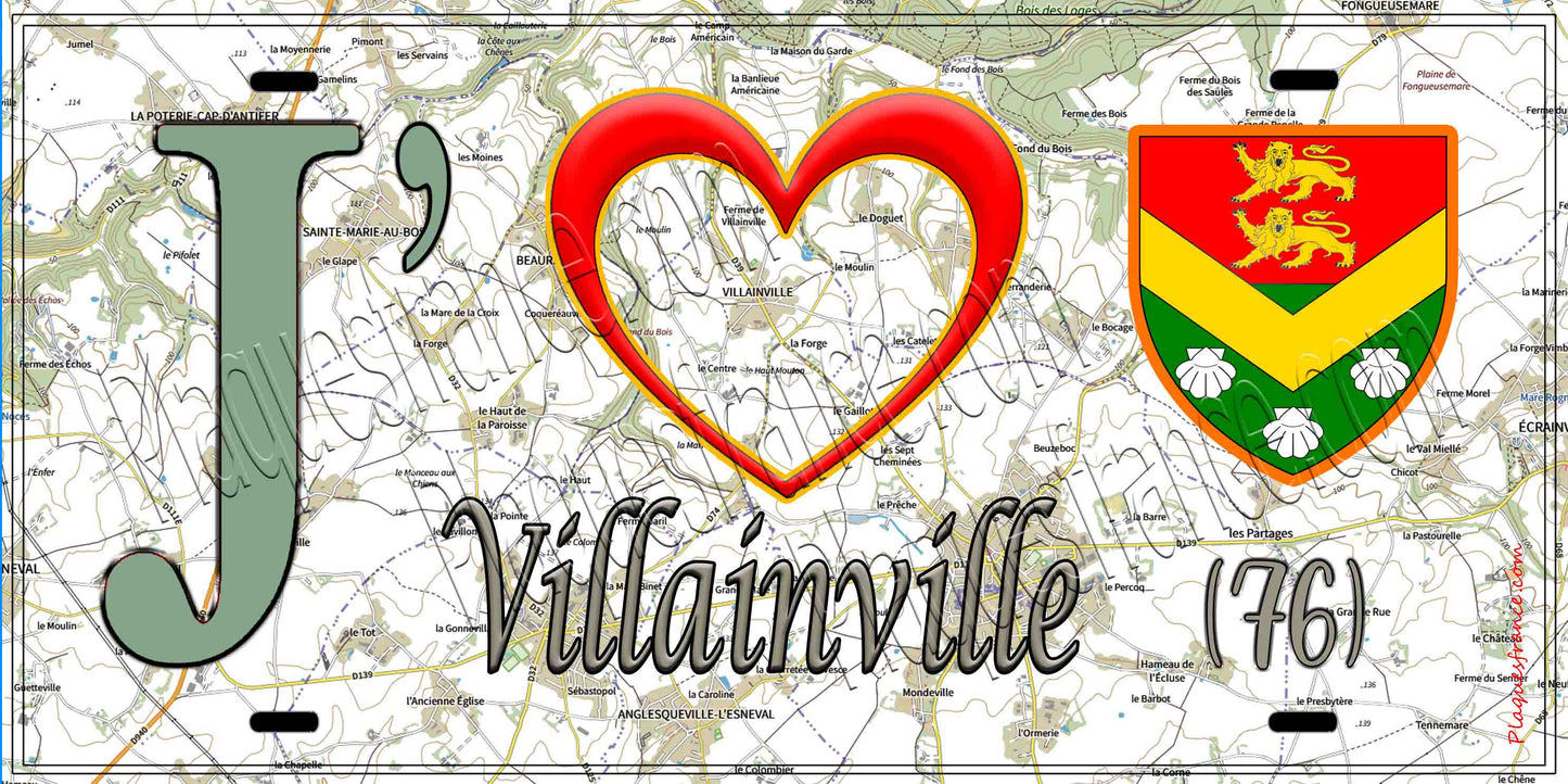 Plaque métal décorative 15X30 J' ❤️ Villainville, Seine Maritime (76) geo