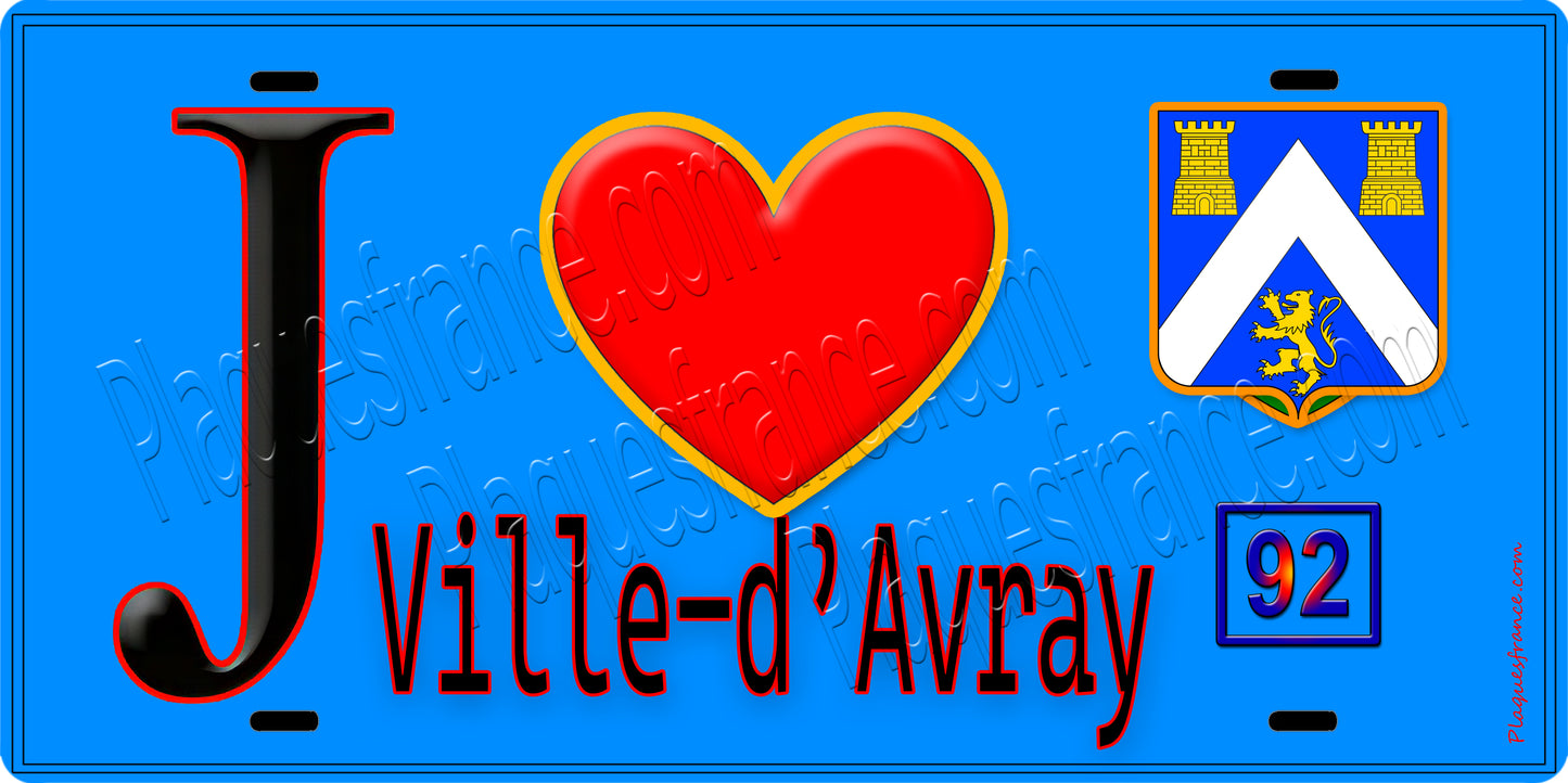 Plaque métal décorative J' ❤️ Ville-d'Avray, Hauts de Seine (92) fond bleu