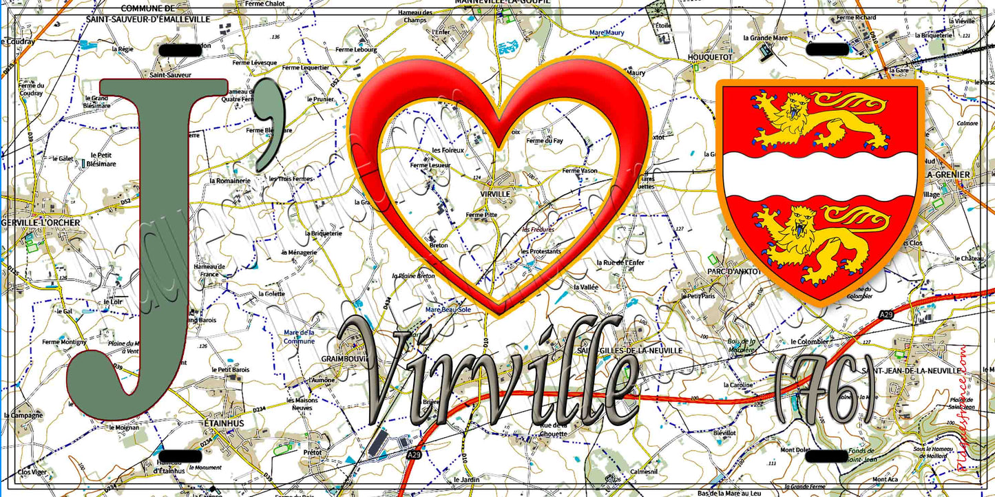 Plaque métal décorative 15X30 J' ❤️ Virville, Seine Maritime (76) geo