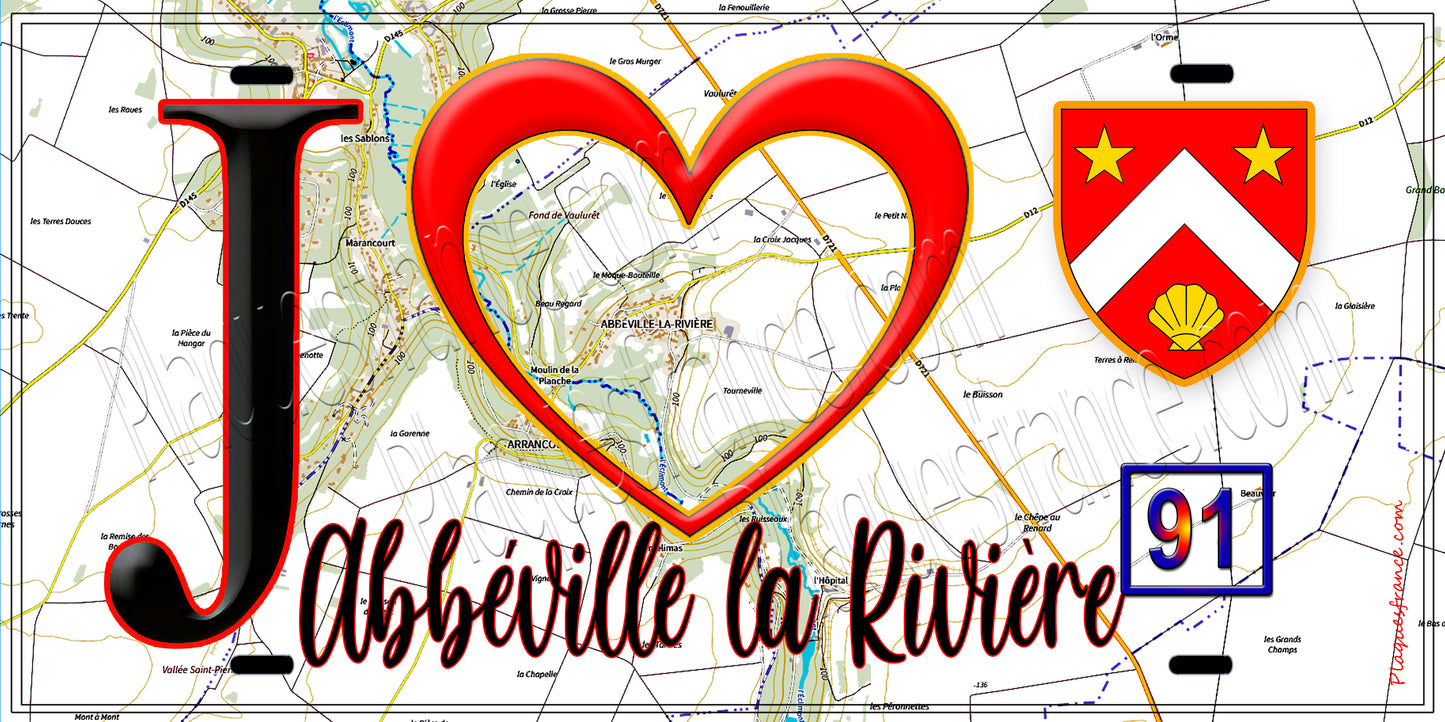 Plaque métal décorative J' ❤️Abbéville-la-Rivière, Essonne (91) fond carte