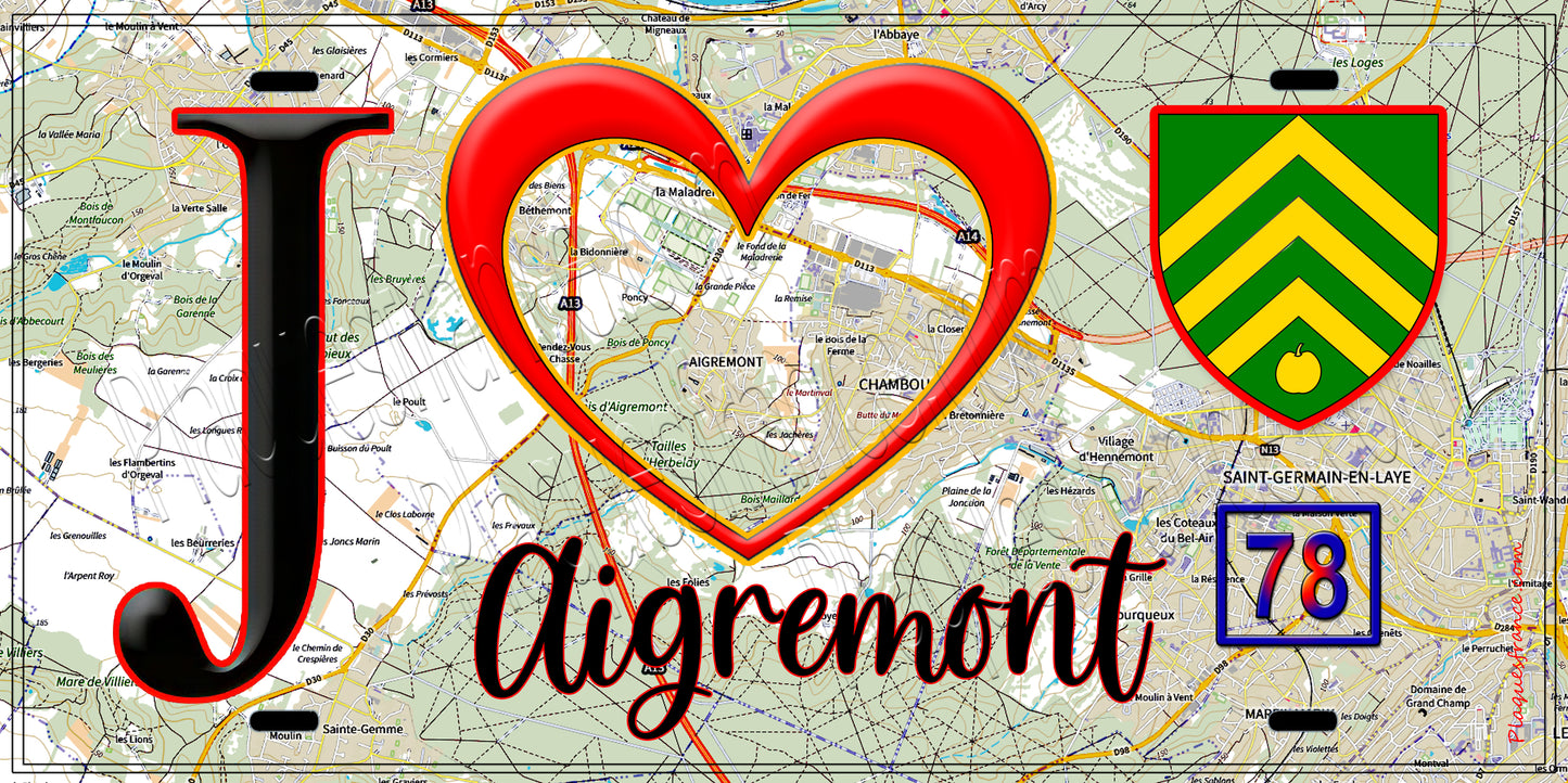 Plaque métal décorative J' ❤️ Aigremont, Yvelines (78) fond carte