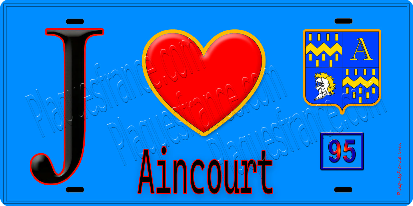 Plaque métal décorative J' ❤️Aincourt, Val d'Oise (95) fond bleu