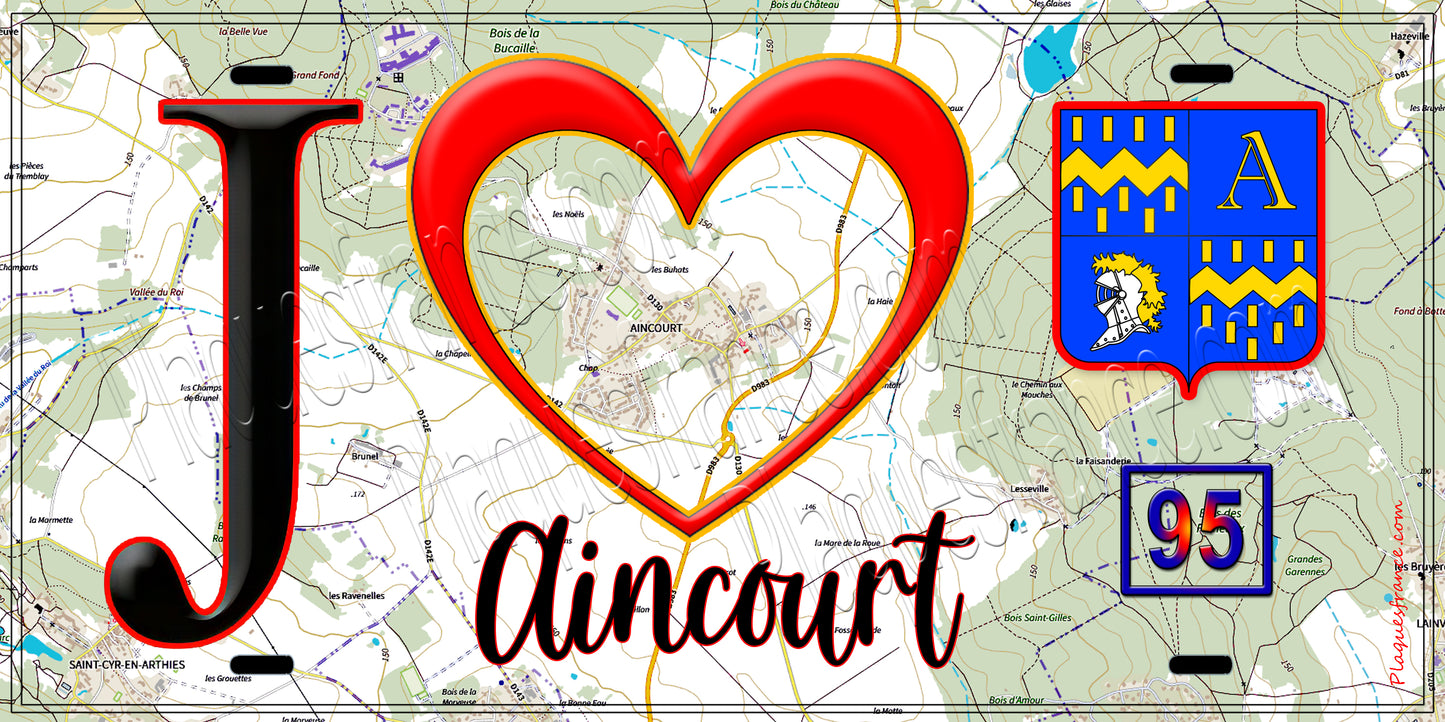 Plaque métal décorative J' ❤️Aincourt, Val d'Oise (95) fond carte