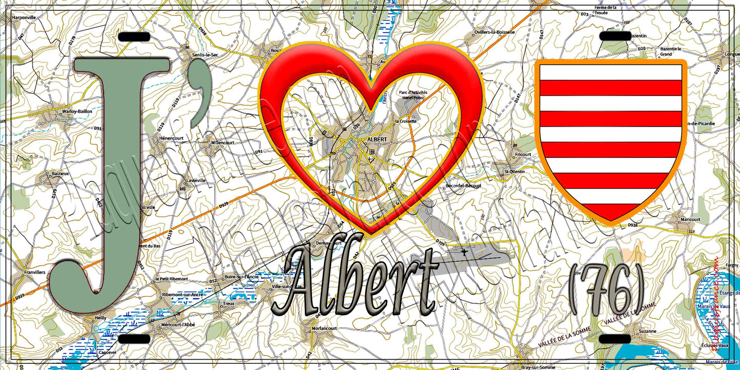Plaque métal décorative 15X30 J' ❤️ Albert, Somme (80) géo