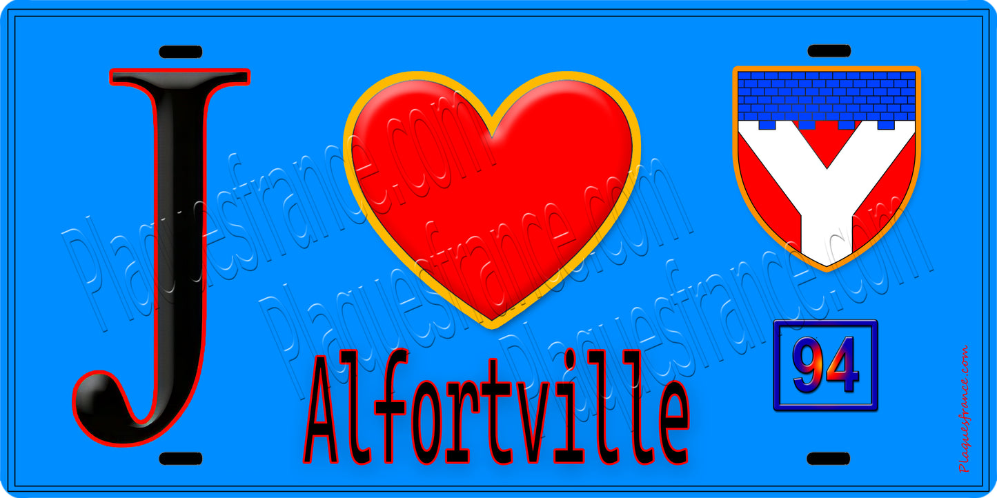 Plaque métal décorative J' ❤️Alfortville, Val de Marne (94) fond bleu