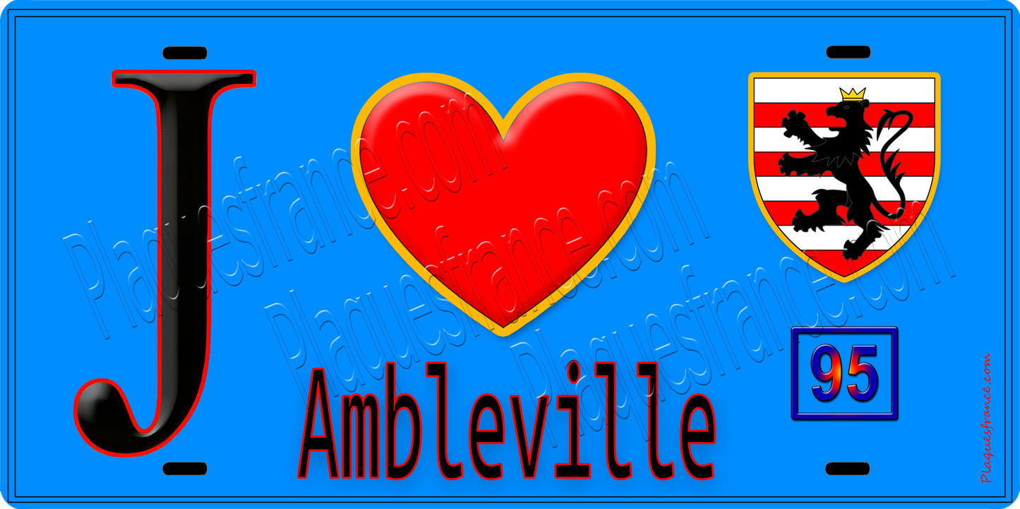 Plaque métal décorative J' ❤️Ambleville, Val d'Oise (95) fond bleu