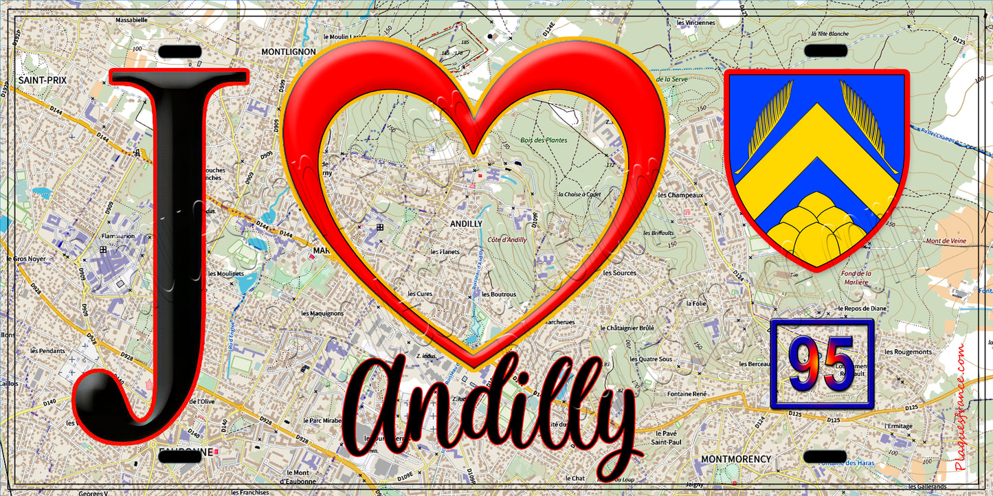 Plaque métal décorative J' ❤️Andilly, Val d'Oise (95) fond carte