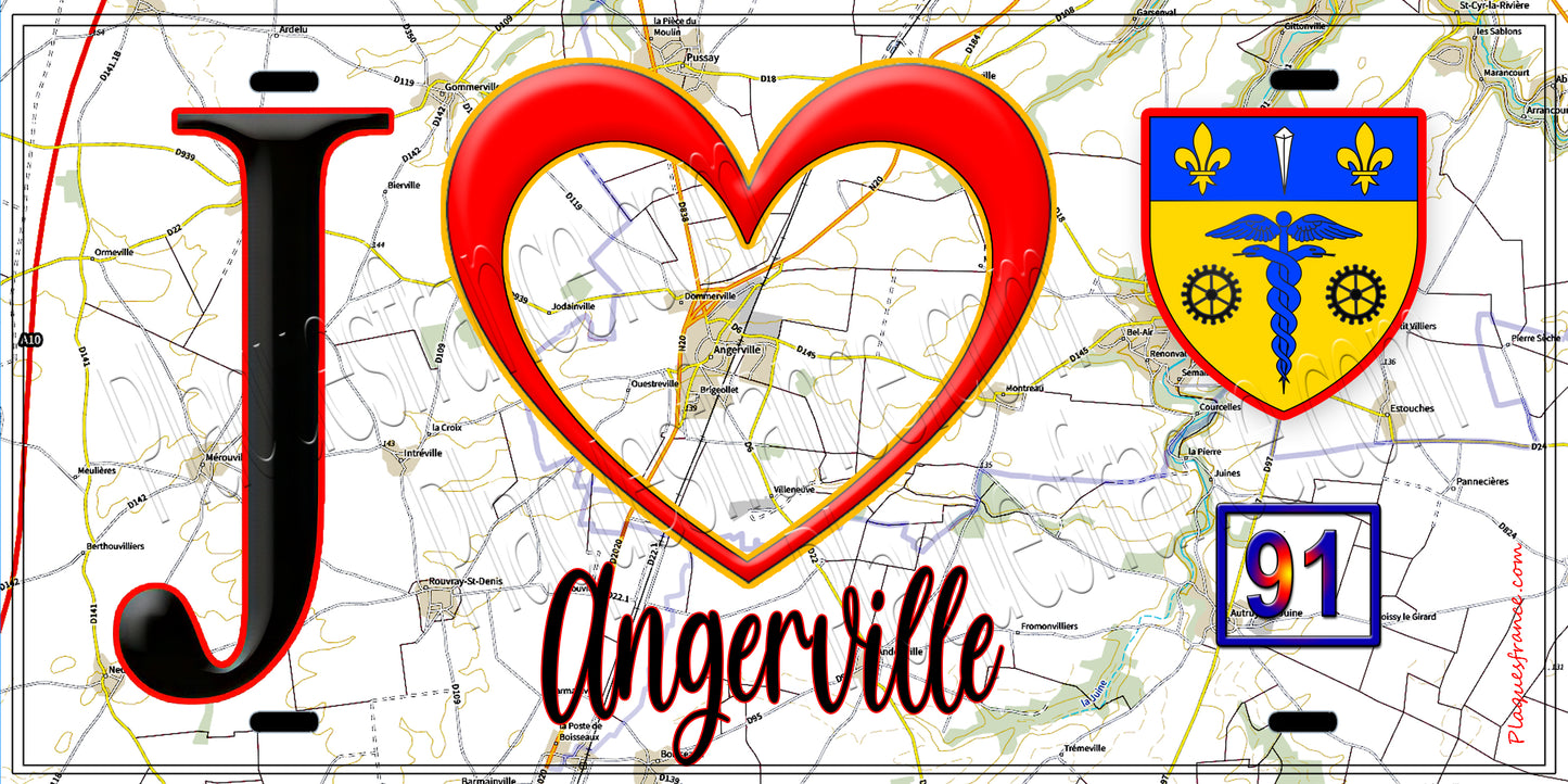 Plaque métal décorative J' ❤️Angerville, Essonne (91) fond carte