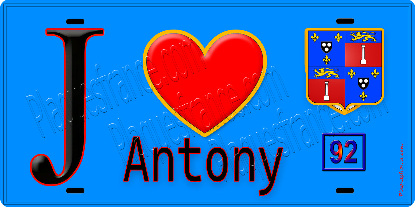 Plaque métal décorative J' ❤️ Antony, Hauts de Seine (92) fond bleu